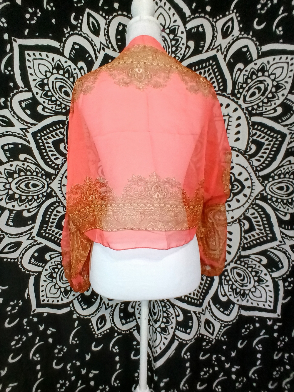 Sheer Coral Lace-Trim Bolero Shrug